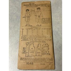 Antique 1920's Pictorial Review Pattern #1648 Girls/Juniors Coat HTF RARE